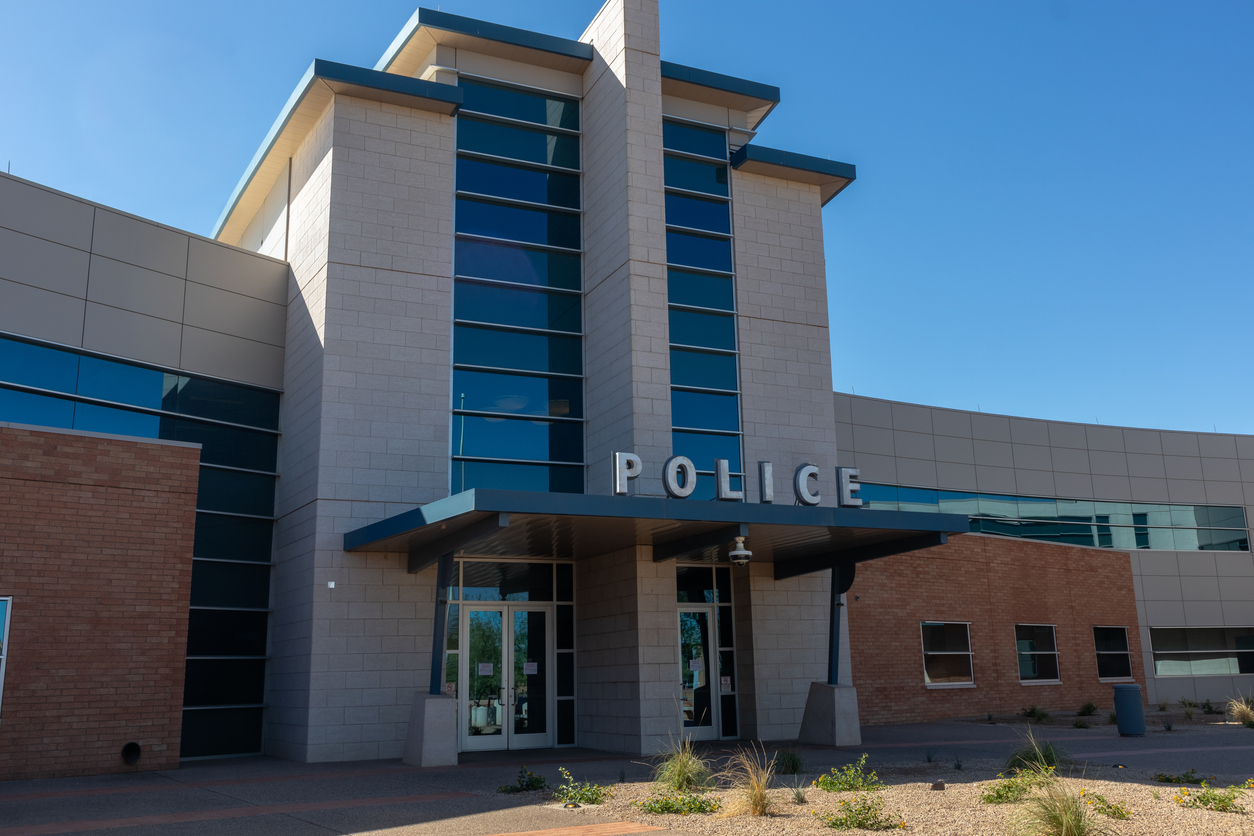 Front facade of town police station, multistory building